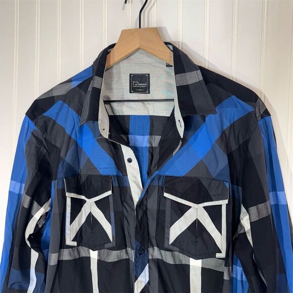 7 Diamonds XXL Plaid Button Shirt Blue Black Cotton Western Pockets Harvest Moon - Picture 2 of 7